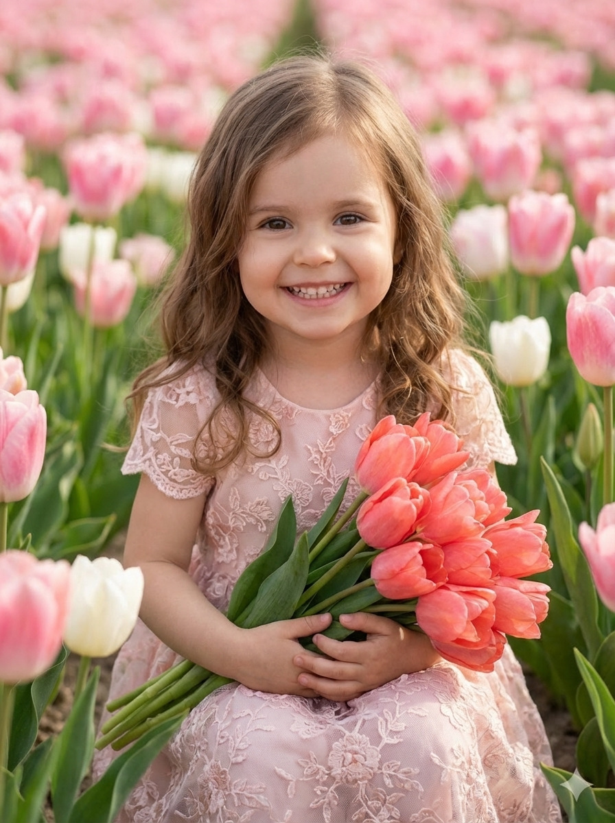 Маленькая девочка в тюльпанах