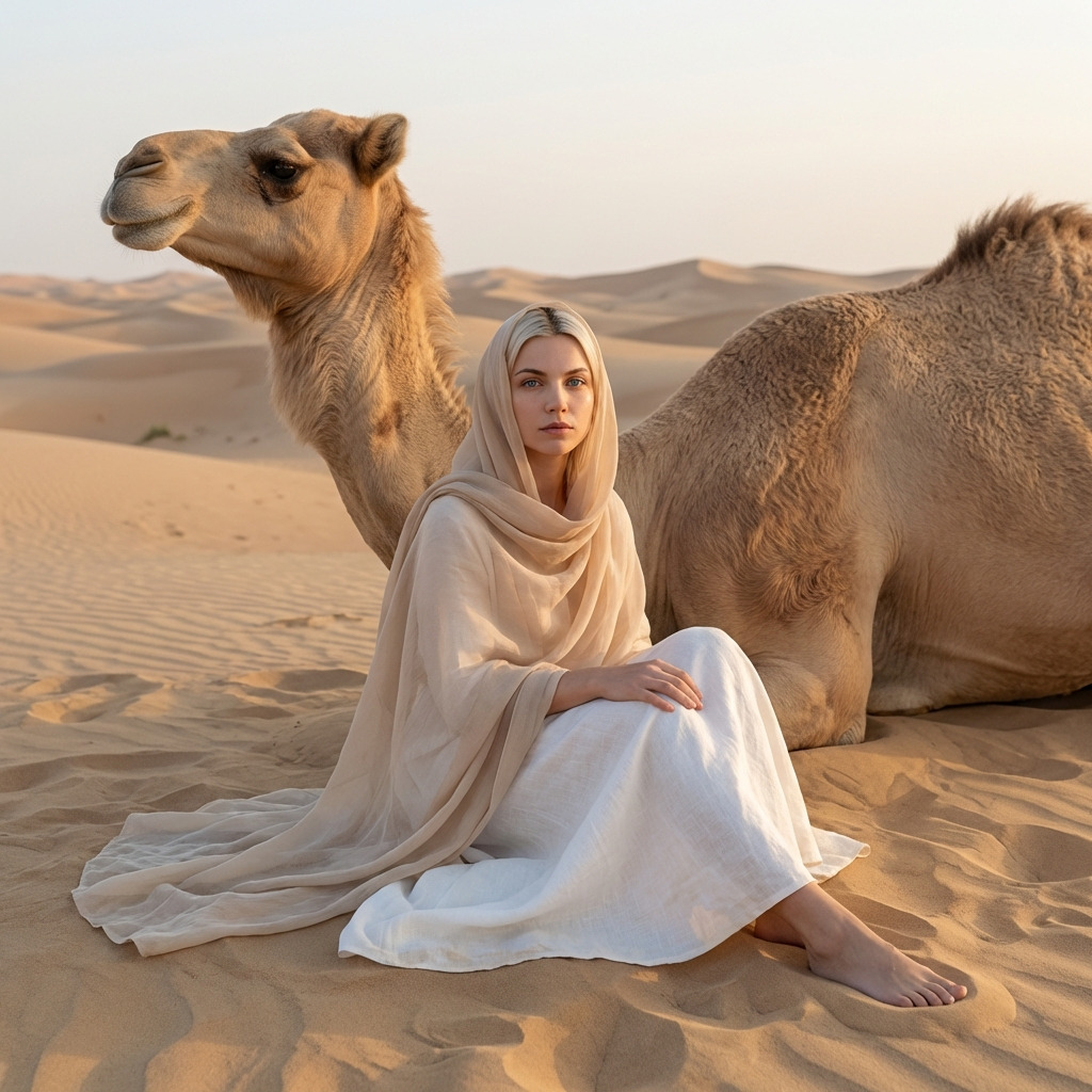 Девушка с верблюдом в пустыне