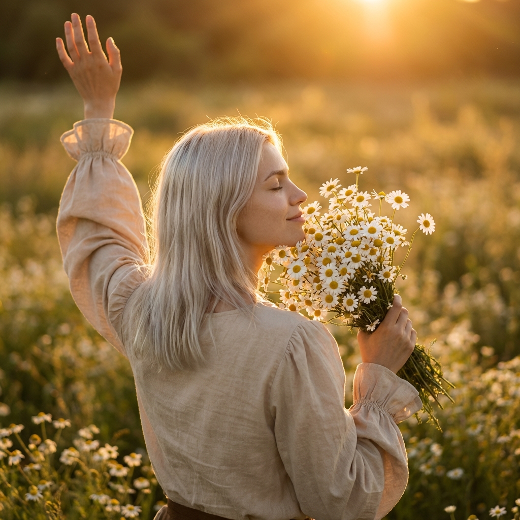 Девушка в поле с ромашками