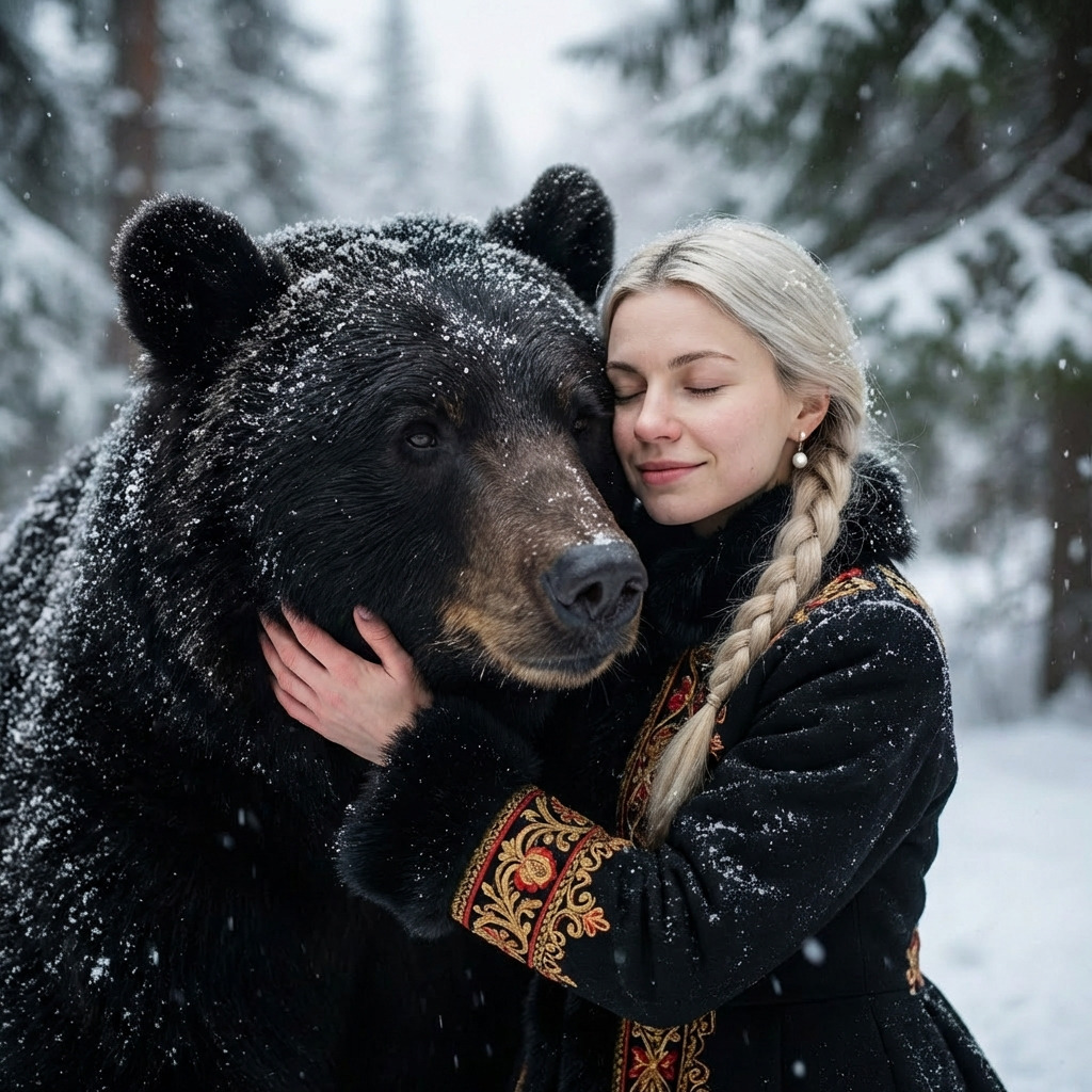 Девушка с медведем в лесу
