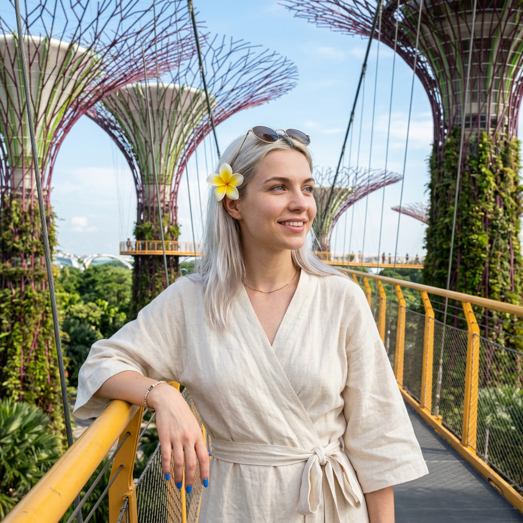 Девушка в футуристических садах Сингапура