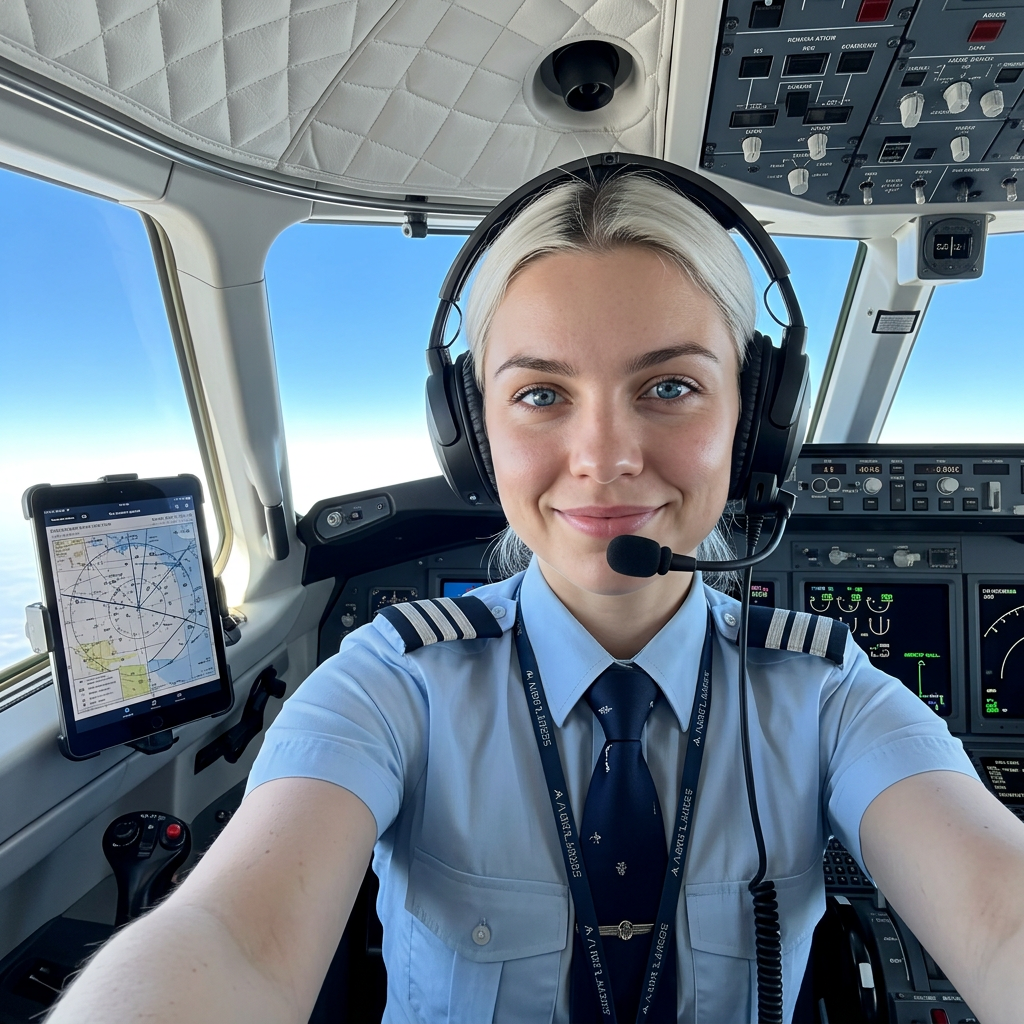 Девушка пилот в кабине самолета