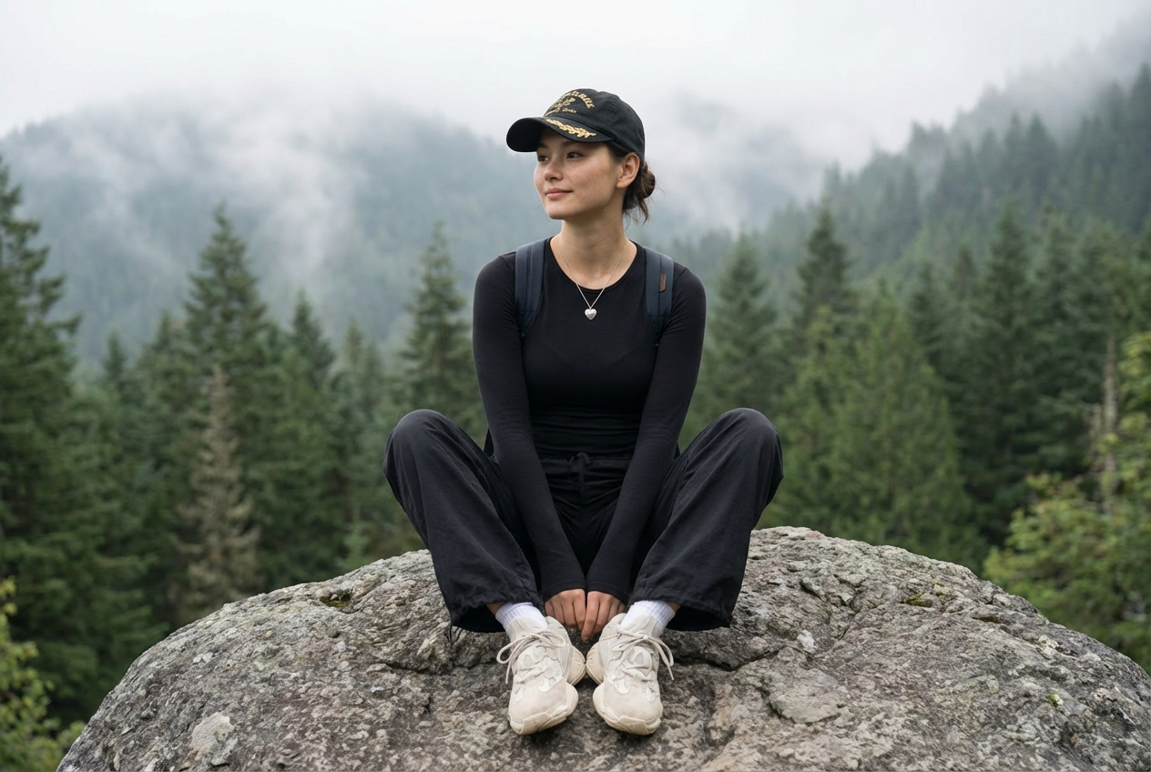 Работа в стиле Девушка на вершине горного валуна